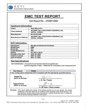 picture of certificate of electro magnetic field test on Richway Amethyst Biomat Professional