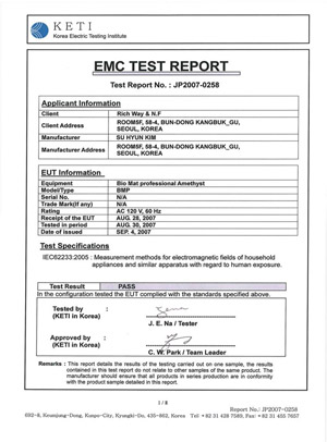 picture of certificate of electro magnetic field test on Richway Amethyst Biomat Professional
